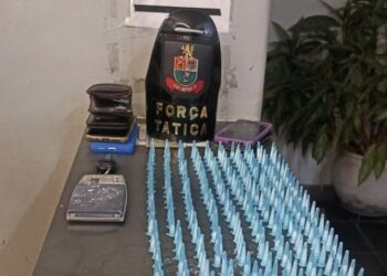 A PM apreendeu 284 porções de cocaína, duas porções a granel, uma balança de precisão e objetos para o preparo da droga para venda. (Divulgação/Polícia Militar).