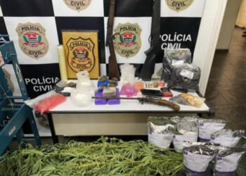 Munidos de ordem judicial expedida pela Justiça, os policiais civis surpreenderam o morador do imóvel com 04 tijolos, 04 tabletes, 06 porções e 03 pés de maconha, 148 porções de cocaína, 01 porção de crack, além de produtos para preparação e potencialização das drogas. (Divulgação/ Polícia Civil)