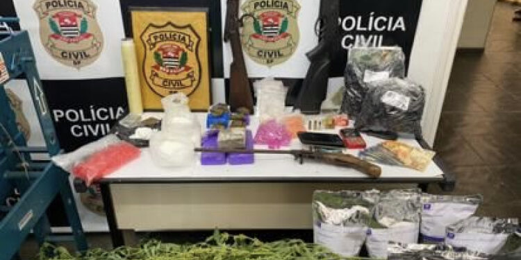 Munidos de ordem judicial expedida pela Justiça, os policiais civis surpreenderam o morador do imóvel com 04 tijolos, 04 tabletes, 06 porções e 03 pés de maconha, 148 porções de cocaína, 01 porção de crack, além de produtos para preparação e potencialização das drogas. (Divulgação/ Polícia Civil)