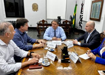 Participaram da reunião, o governador Tarcísio de Freitas (Republicanos) os deputados Baleia Rossi (MDB-SP), Simone Marquetto (MDB-SP), Aguinaldo Ribeiro (PP-PB) e o Secretário da Fazenda e do Planejamento, Samuel Kinoshita. (Divulgação)