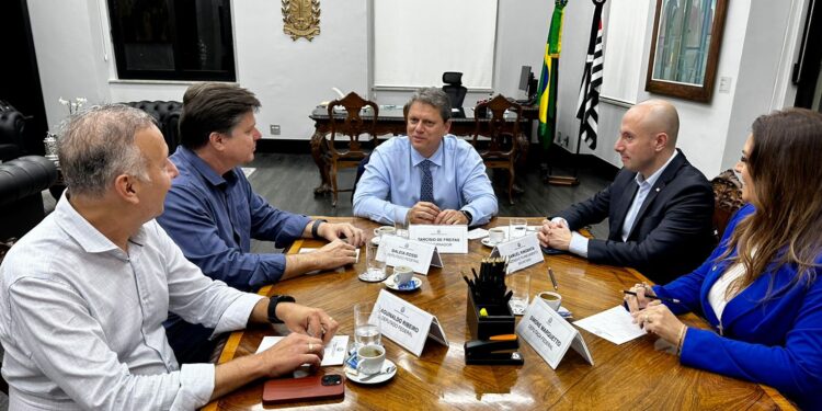 Participaram da reunião, o governador Tarcísio de Freitas (Republicanos) os deputados Baleia Rossi (MDB-SP), Simone Marquetto (MDB-SP), Aguinaldo Ribeiro (PP-PB) e o Secretário da Fazenda e do Planejamento, Samuel Kinoshita. (Divulgação)
