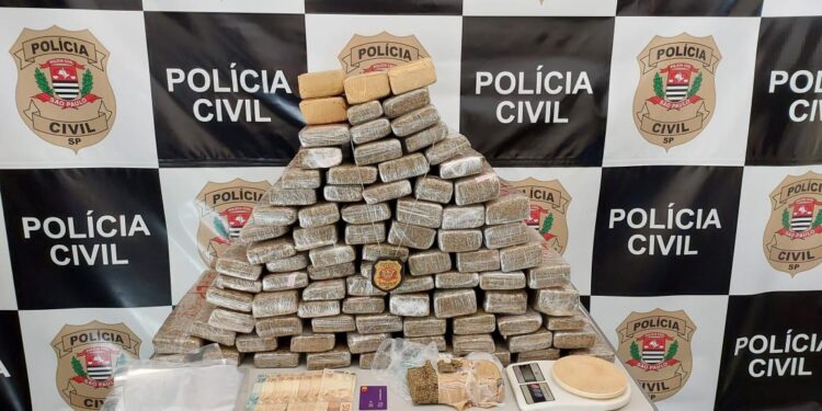 Homem foi surpreendido em sua casa com 87 tijolos de maconha, certa quantia em dinheiro, balança de precisão, além embalagens vazias.(Divulgação)