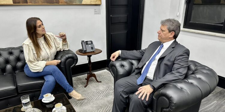 A deputada federal Simone Marquetto (MDB) e o governador Tarcísio de Freitas (Republicanos) eu reunião no Palácio dos Bandeirantes (Divulgação)