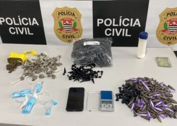 Com eles foram apreendidos, em sacos escondidos no meio dos lixos, nos fundos da residência, uma sacola 278 de cocaína, 83 porções de maconha, uma porção, à granel, da mesma droga, 1000 embalagens vazias, balança de precisão e aparelho celular. (Divulgação/ Polícia Civil)