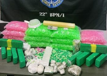 Foram apreendidos 11 tijolos de maconha, cerca de 1 kilo e meio de cocaína, 14 mil microtubos e apetrechos para embalagem das drogas. (Divulgação/Polícia Militar)