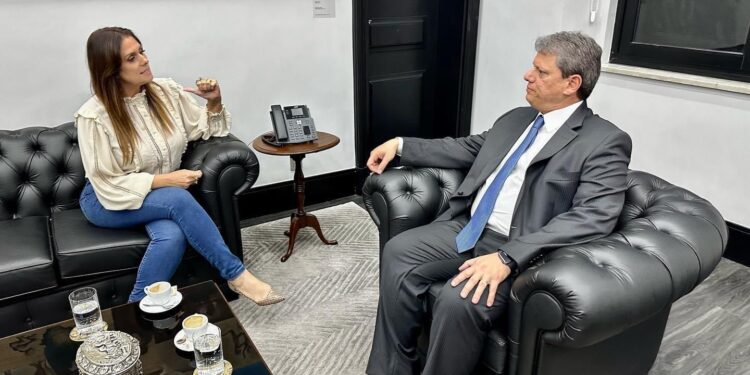 A deputada federal Simone Marquetto (MDB) e o governador Tarcísio de Freitas. (Divulgação)