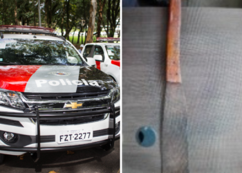 A PM apreende o facão utilizado no crime. (Divulgação)