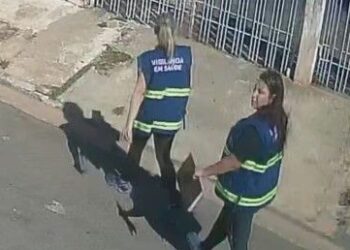 Nas imagens aparecem duas mulheres vestindo coletes azuis, onde se lê “Vigilância em Saúde” em amarelo. (Reprodução/Internet)