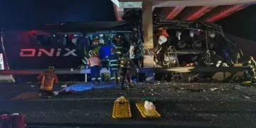 Ônibus se chocou contra pilar de sustentação de viaduto da Rodovia Francisco da Silva Pontes (SP-127) em Itapetininga (Artesp/reprodução)