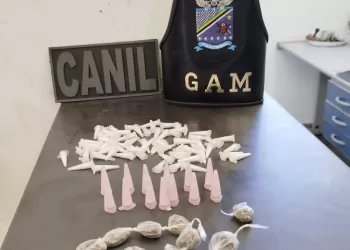 A GCM localizou uma sacola contendo 25 porções de maconha e 81 pinos de cocaína, totalizando 106 porções de entorpecentes. (Divulgação)