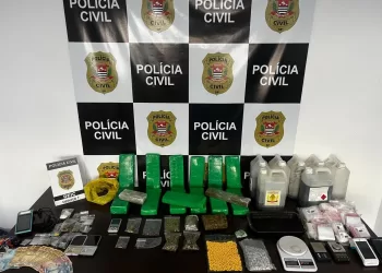 Foram apreendidos aproximadamente 25 kg de maconha, incluindo variedades como “Ice” e “Colômbia Gold”, além de galões de maconha líquida utilizada para a produção de haxixe. (Divulgação)