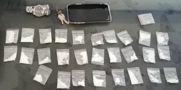Foram encontrados 28 papelotes de cocaina e um celular. (Divulgação)