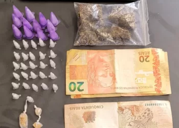 Durante a averiguação, foram localizadas no local 42 porções de cocaína (entre pinos grandes e pequenos), 3 pedras de crack, aproximadamente 20 gramas de maconha. (Divulgação)