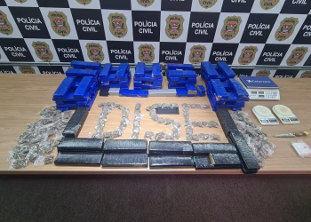 No cumprimento da ordem judicial, os agentes surpreenderam o suspeito armazenando grande quantidade de maconha, tanto em tijolos quanto em porções menores, embaladas individualmente e prontas para comercialização. (Divulgação)